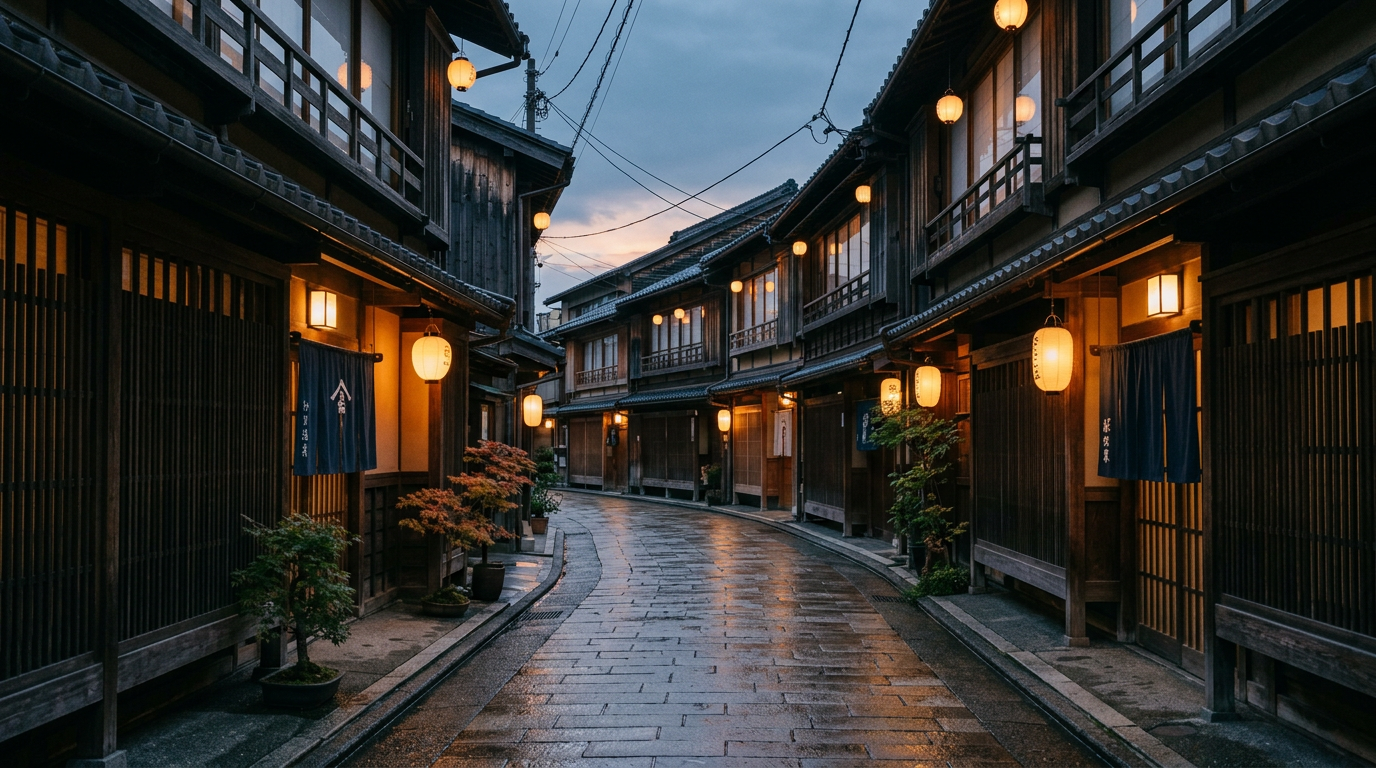 夕暮れの加賀温泉の街並み
